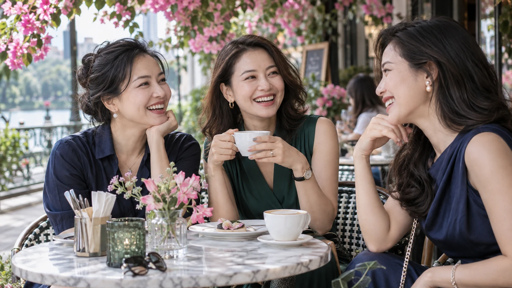 Người phụ nữ cười bên tách cà phê, giữa những người bạn và sắc hoa hồng