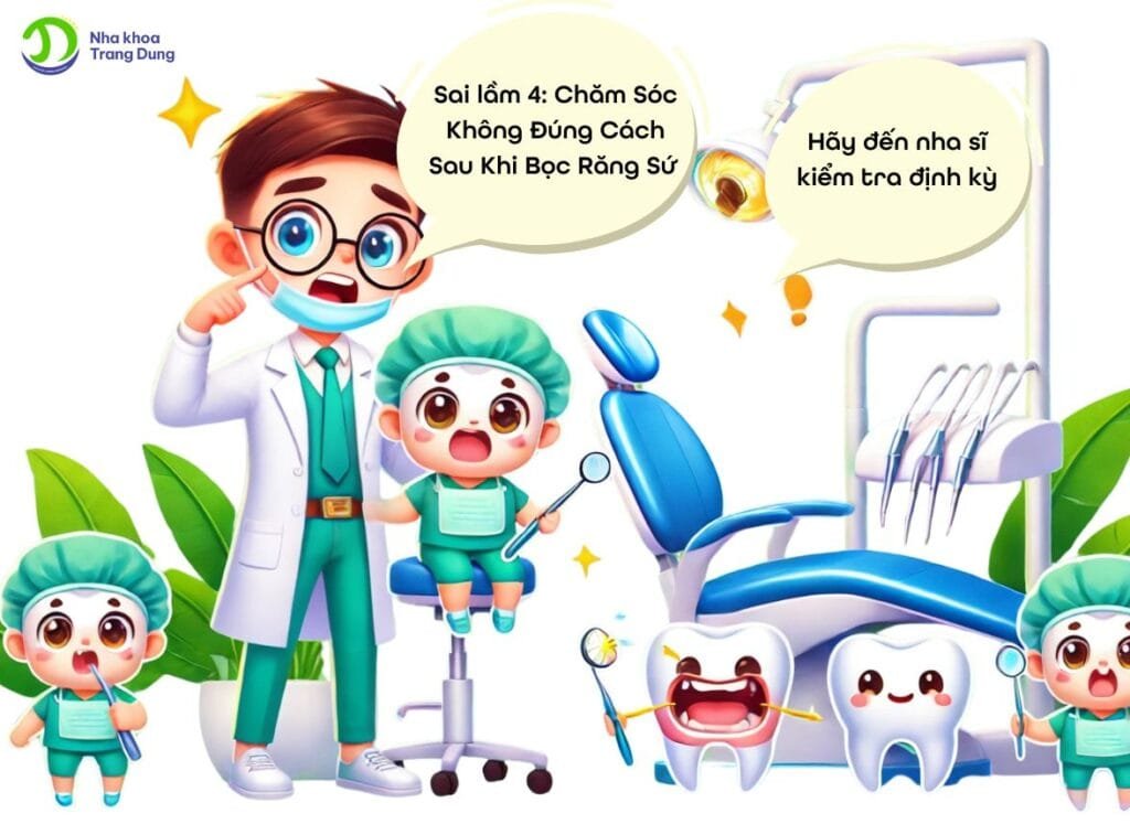 Sai lầm khi bọc răng sứ: Hình minh họa một nhân vật đang cầm các dụng cụ chăm sóc răng miệng với vẻ mặt ngạc nhiên, thể hiện sự nhầm lẫn trong việc chăm sóc răng sứ không đúng cách sau khi bọc. Bối cảnh là một phòng khám nha khoa hiện đại, với ghế nha và các thiết bị nha khoa, phong cách vui tươi nhưng mang tính giáo dục