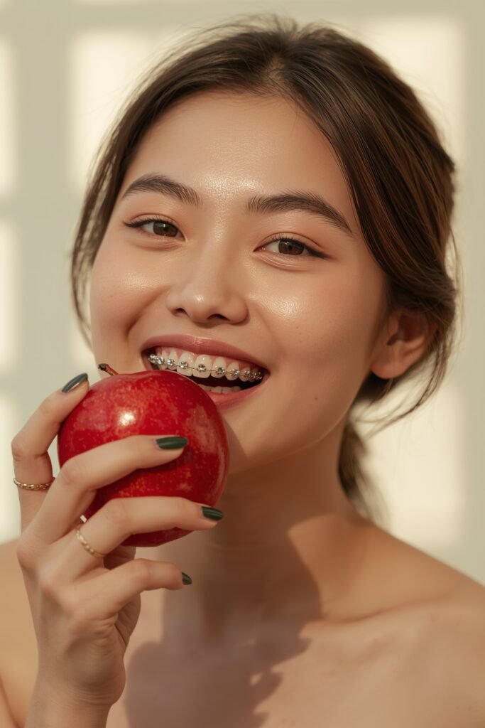 Kiến thức nha khoa Blog Cô gái cắn quả táo khi niềng răng trả góp tại Nha khoa Trang Dung